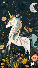 Unicornios entre flores y estrellas