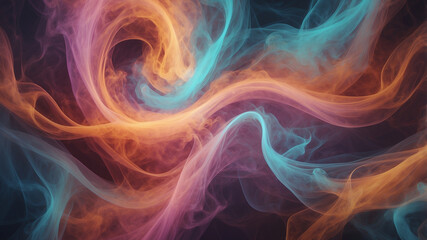 Fototapeta premium Vibrant swirl of colorful smoke clouds in pink, cyan, purple, and orange tones. Dreamy spiral motion, soft fog texture, glowing haze. Abstract background for energetic and magical digital designs