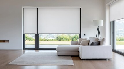Futuristic smart blinds adjusting to sunlight in a modern, energy-efficient home