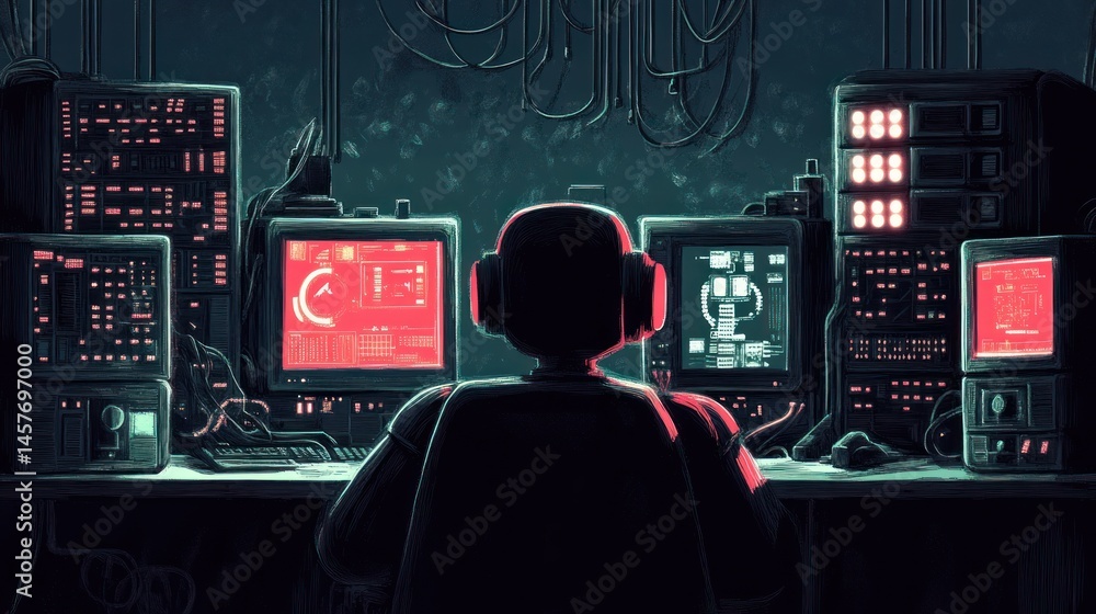 Poster illuminated screens and complex systems reveal a solitary figure engrossed in data