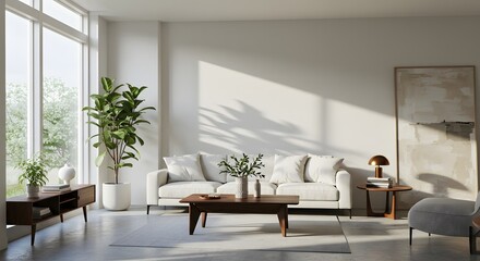 A modern, sunlit living room with minimalist furniture, large windows, and indoor plants, emphasizing clean lines and neutral tones