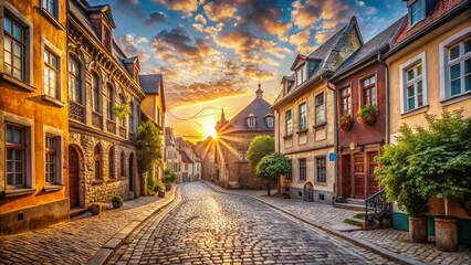 Fototapeta premium Empty Ancient European Street Panorama: Tourist Attraction, Cobblestone Road, Old Town Architecture, Travel Destination