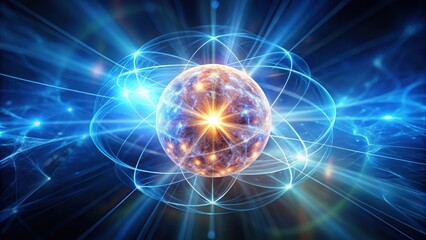 An isolated neutron particle suspended in mid-air, radiating an intense aura of light and energy, highlighting its unique properties and characteristics , mid air, energy radiance