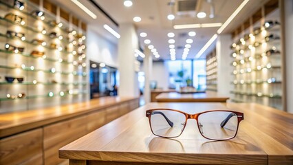 Empty Wooden Table in Bright Eyeglass Store - Product Display Mockup