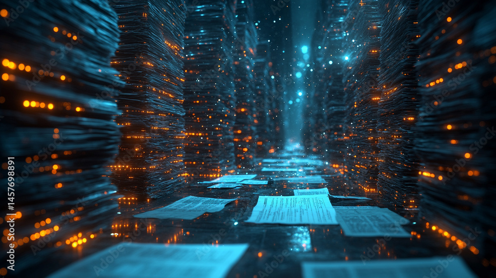Poster stacks of papers beside glowing digital screens represent the shift from traditional paperwork to au