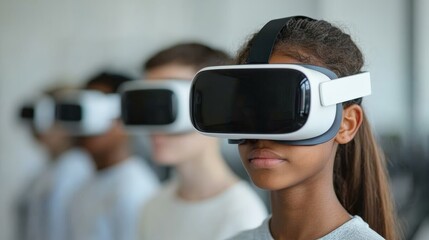 Diverse students exploring virtual reality in futuristic classroom setting