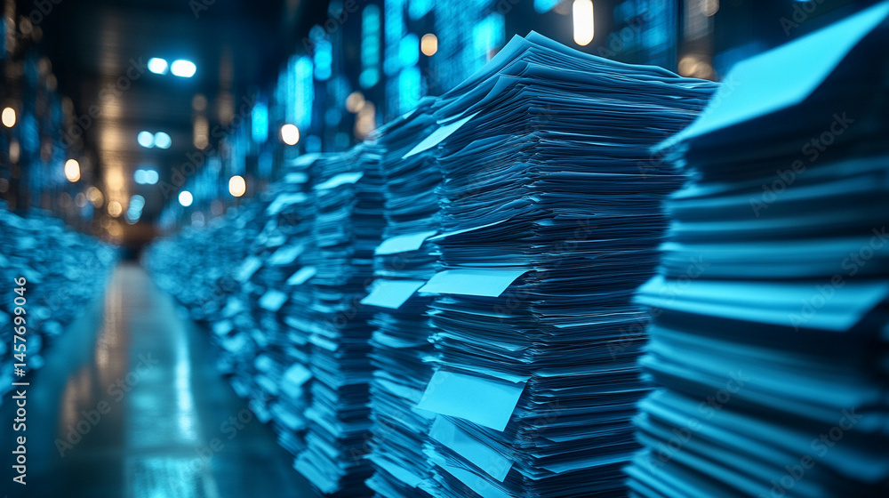 Poster stacks of papers beside glowing digital screens represent the shift from traditional paperwork to au