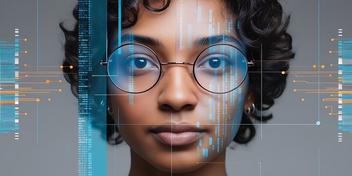 Portrait of a young woman with round glasses merged with futuristic digital interface, symbolizing artificial intelligence, technology integration, and human computer interaction

