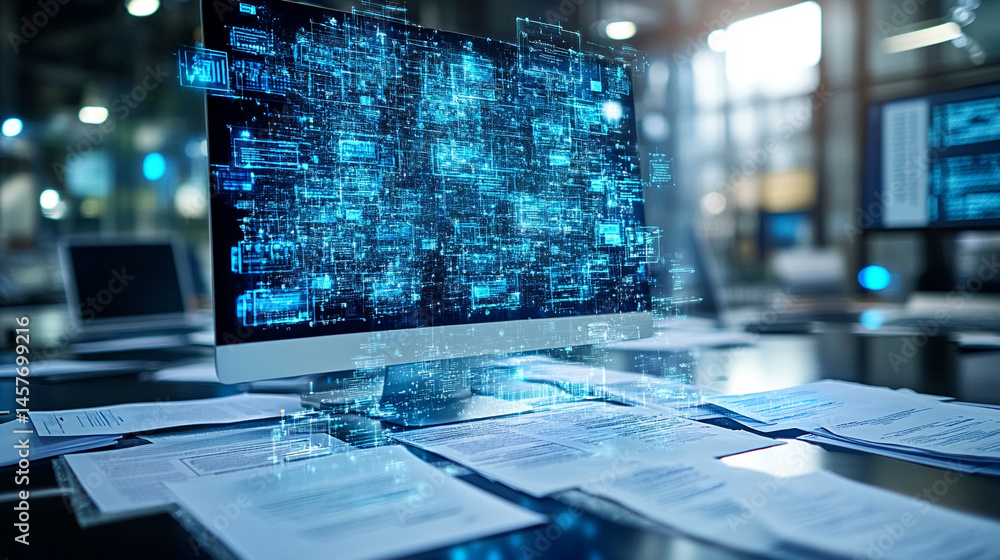 Poster stacks of papers beside glowing digital screens represent the shift from traditional paperwork to au