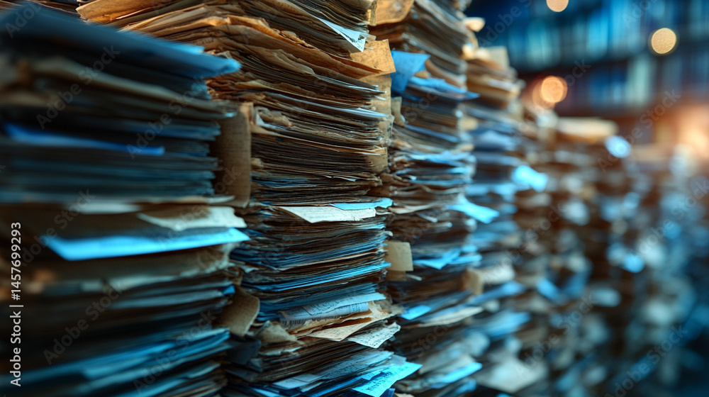 Poster stacks of papers beside glowing digital screens represent the shift from traditional paperwork to au