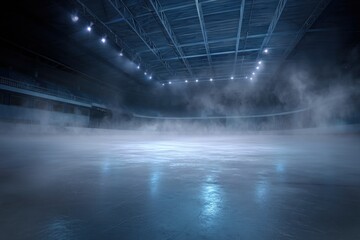 Empty ice rink under blue lights and mist.