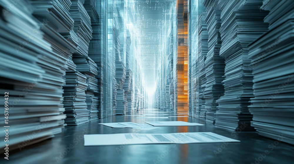 Poster stacks of papers beside glowing digital screens represent the shift from traditional paperwork to au