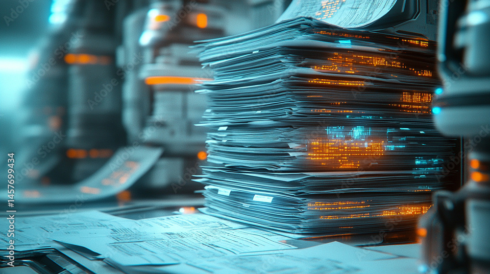 Poster stacks of papers beside glowing digital screens represent the shift from traditional paperwork to au