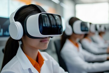 Students using vr headsets in futuristic financial education classroom
