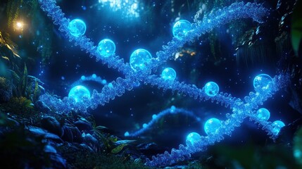 Fototapeta premium Glowing blue dna strands in ethereal forest