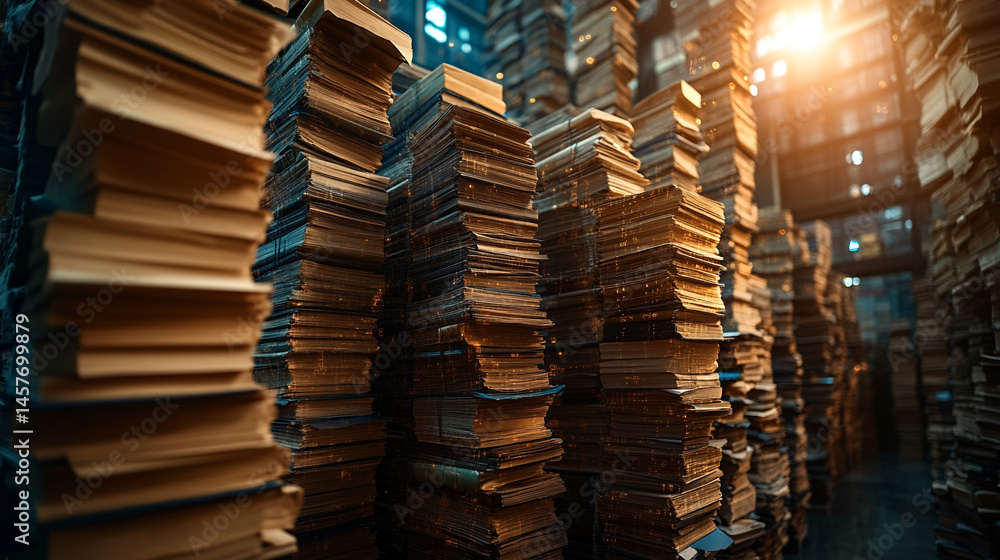 Poster stacks of papers beside glowing digital screens represent the shift from traditional paperwork to au
