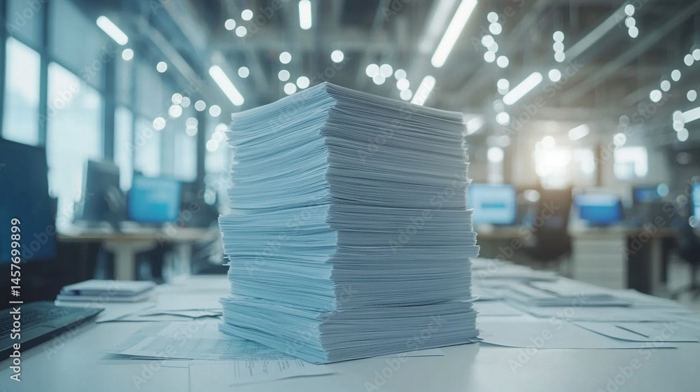 Poster stacks of papers beside glowing digital screens represent the shift from traditional paperwork to au