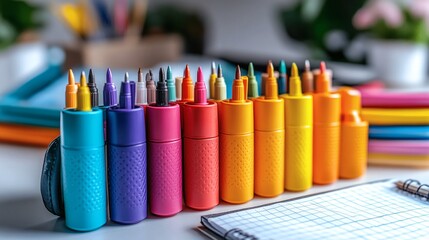 Fototapeta premium Vibrant arrangement of multicolored markers, set upright on a light desk surface, near open notebook and blurred stationery. on a transparent background, PNG image, PNG file.