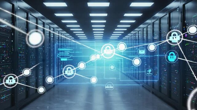 Secure Server Room with Data Flow Visualization. Possible Use Stock Photo