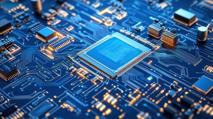 Fototapeta premium Blue circuit board close up cpu chip