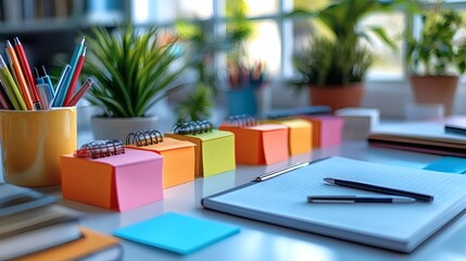 Vibrant desk setup features notepad, colorful sticky notes, pens, and indoor plants, set against a bright workspace environment, on a transparent background, PNG image, PNG file.