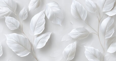 Elegant white leaves with intricate veins on soft background.