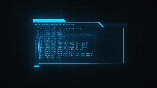 Futuristic digital interface showing lines of code in a dark background. Possible use Stock photo for technology, futuristic design, or coding concepts