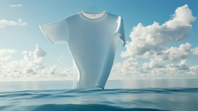 A floating white t-shirt against a serene ocean backdrop with fluffy clouds in the sky