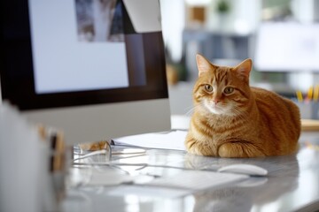 Orange cat sits on a desk beside a computer in an office setting.