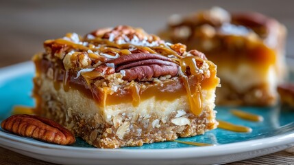 close up of a no-bake maple pecan bar with a gooey maple caramel layer and a rustic pecan oat crust.