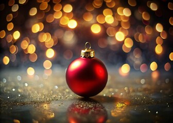 Fototapeta premium Festive Christmas Red Ball with Golden Ornament Swinging - Tilt-Shift Miniature