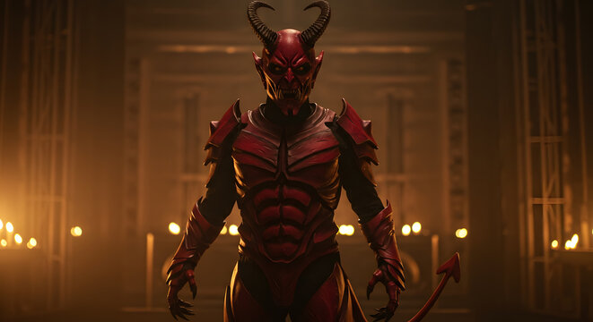 Red Demon with Horns and Tail in Dark Setting