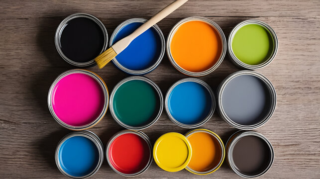 frascos de temperas de variados colores y pinceles de diversas medidas