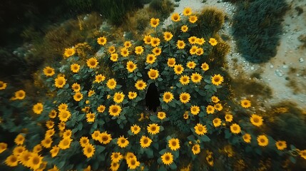 Aerial shot reveals a dark void enveloped by vibrant sunflowers during a warm day