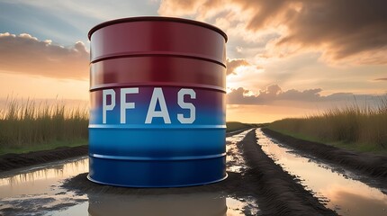 Obraz premium Large industrial PFAS chemical barrel placed in a rural dirt road setting with dramatic sunset sky, symbolizing environmental contamination and toxic pollution in nature