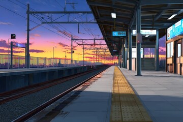 Vibrant sunset at an empty train station platform.