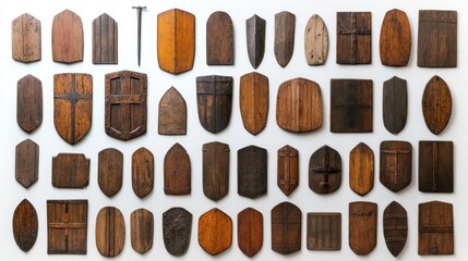 Collection of antique wooden shields on white