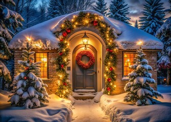 Fototapeta premium Festive Snow-Dusted Christmas Home Entrance with Red Accents