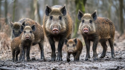 Wild boar family in forest
