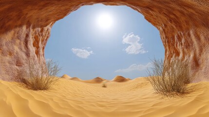 Cave overlook desert landscape under sunny sky