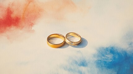 Golden wedding rings on watercolor background