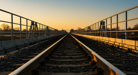 Fototapeta premium Perspective View of Railroad Tracks Stretching to the Horizon Under Golden Sky A View on Train Rail During Sunset Time
