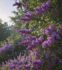 Fototapeta premium Abundant lilac branches, vibrant purple hues, lush greenery, illustration, photography, lilac