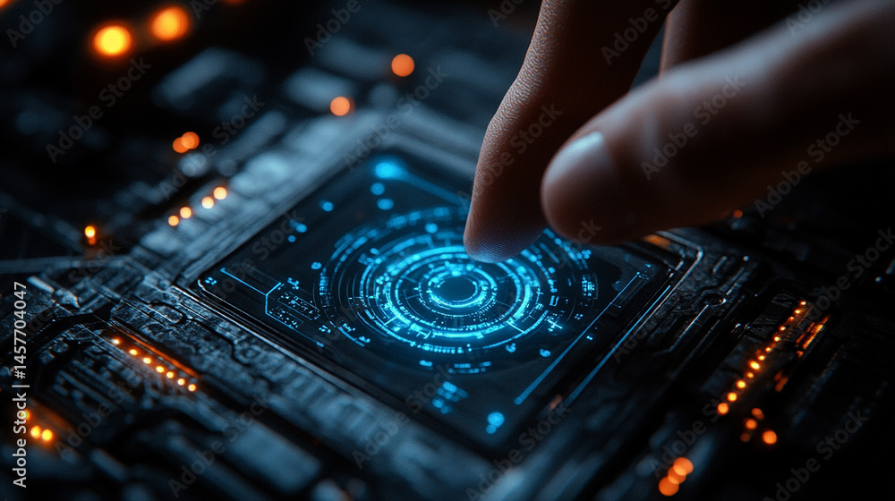 Poster futuristic holographic buttons float in a digital space, symbolizing seamless human interaction, con