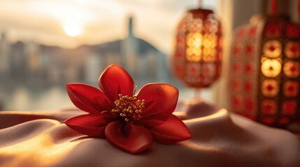 Close-up of a red bauhinia brooch on silk, golden light on petals, festive city backdrop - celebrating Hong Kong's establishment day with elegance.