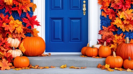 Pumpkins and fall leaves on doorstep