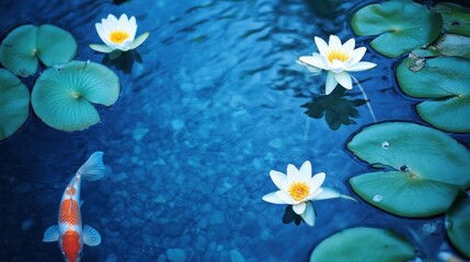 Koi fish and water lilies in blue pond