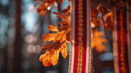 Traditional Lithuanian linen sash with amber accents on oak leaves, symbolizing heritage and national pride.