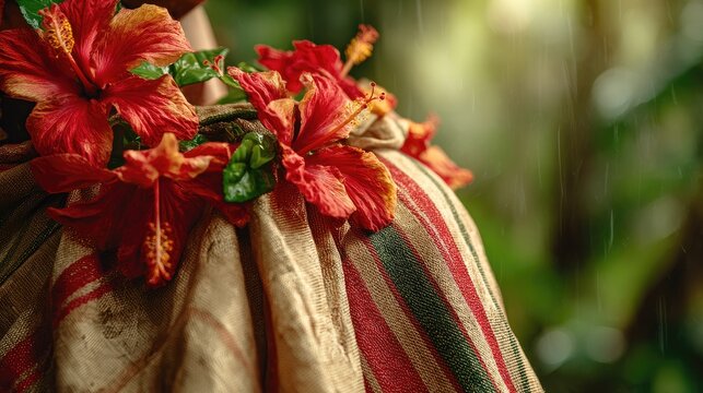 Handwoven lamba with vanilla pods and hibiscus, celebrating Madagascar's vibrant culture and natural bounty.