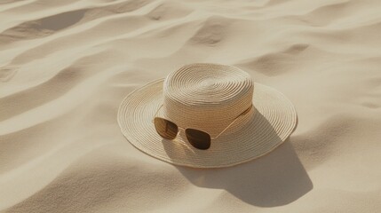 Straw hat and sunglasses on sandy beach